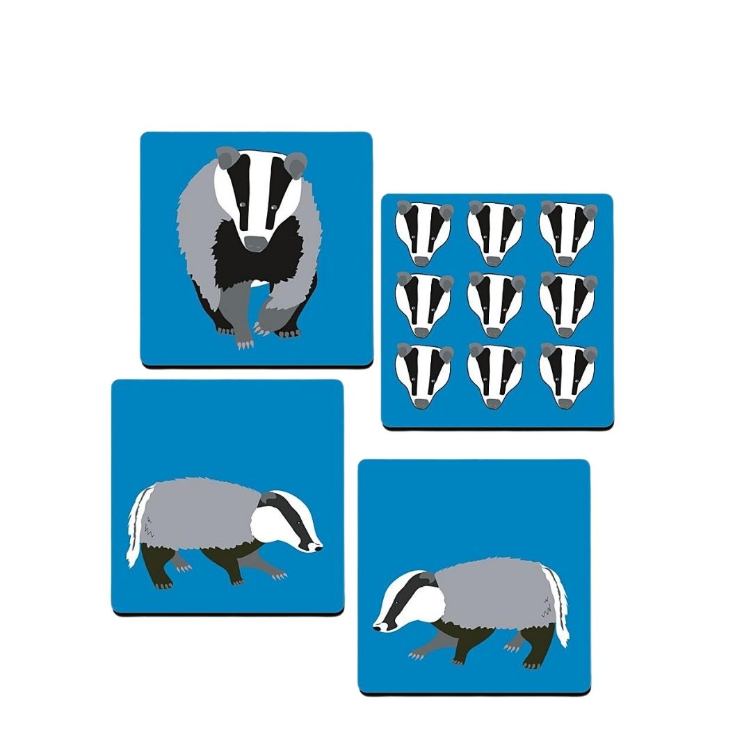 set of 4 blue cork backed coasters with badger illustrations 