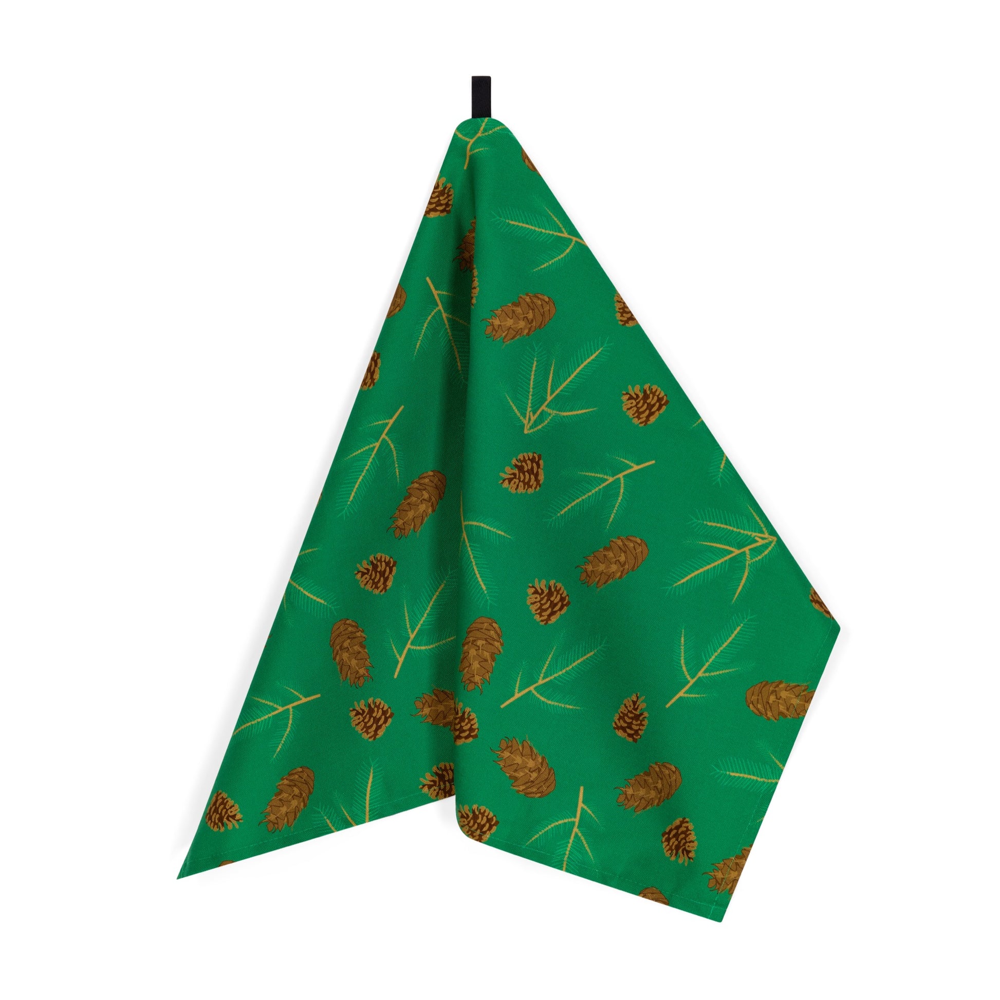 Evergreen cones deigns organic cotton tea towel featuring illustrations of pine, spruce and fir cones and sprigs.