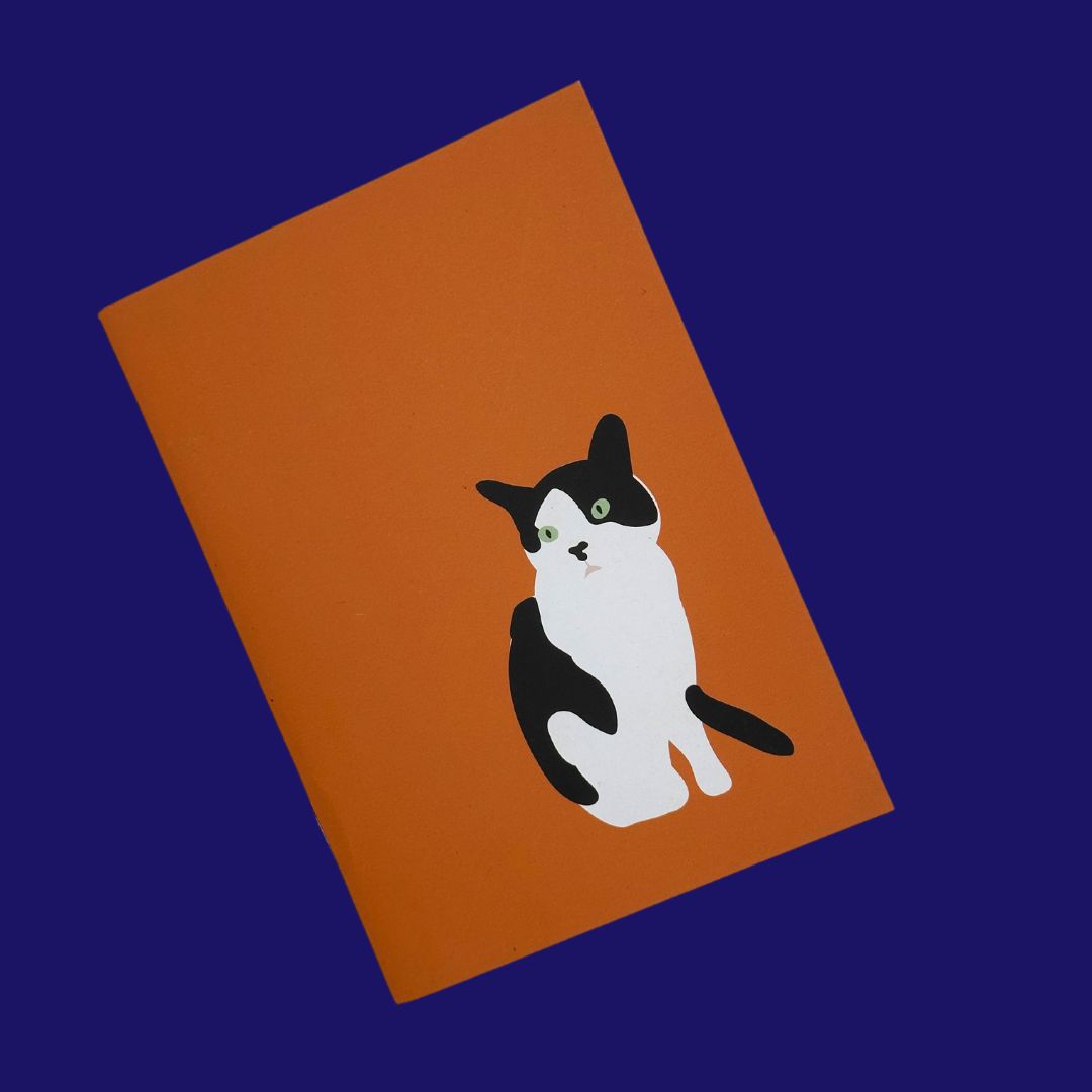 Orange tuxedo cat pocket notebook 36 plain pages. made with recycled paper and printed with plant based dyes at a UK carbon neutral printers 