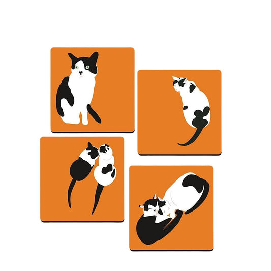 set of 4 orange cork backed coaster with cat illustrations 