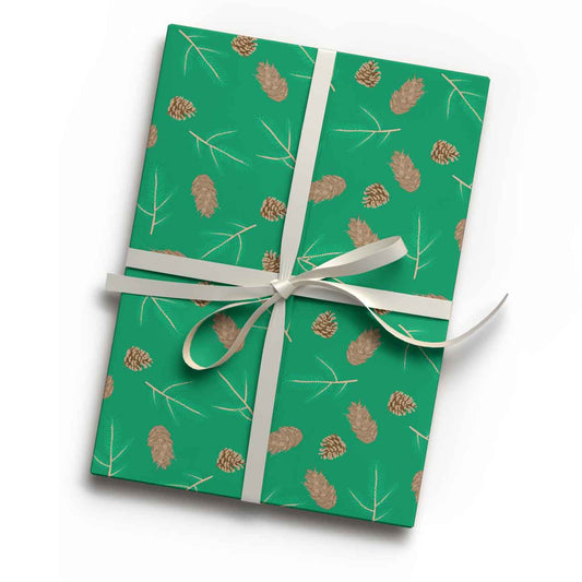 Rich green evergreen design wrapping paper featuring Douglas fir, spruce and pine cones