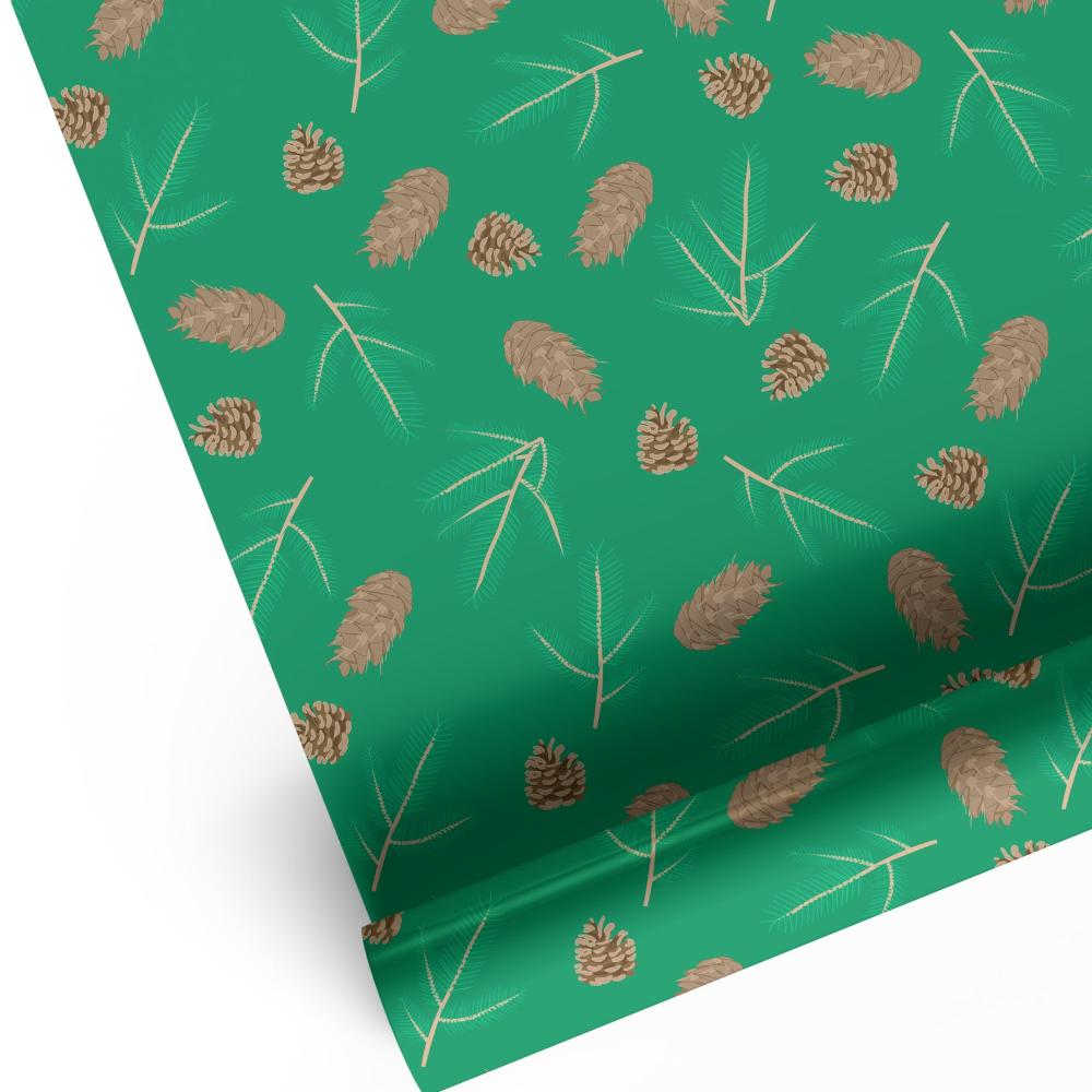 Rich green evergreen design wrapping paper featuring Douglas fir, spruce and pine cones