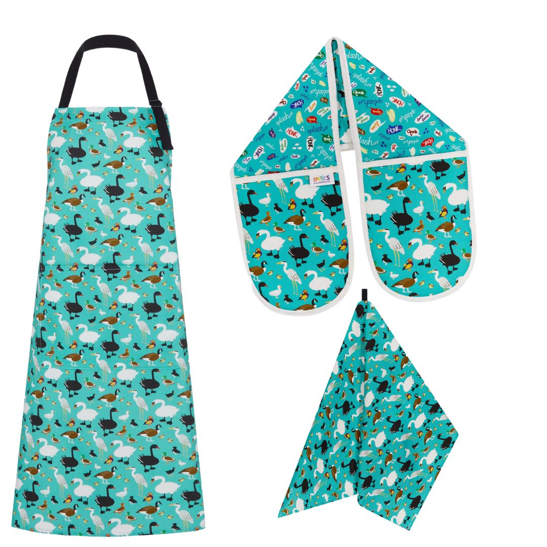 colourful ducks design kitchen textiles gift set. includes matching apron, double oven gloves and tea towel 