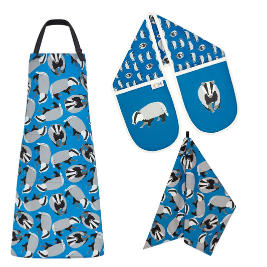 bright blue badger organic cotton apron, double ovengloves and tea towel