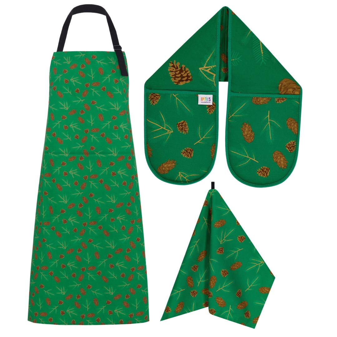 Evergreen organic cotton set of apron, double oven gloves and tea towel