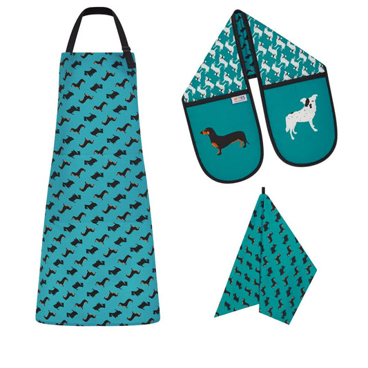 Blue dogs organic cotton kitchen gift set: includes apron, double ovengloves and tea towel