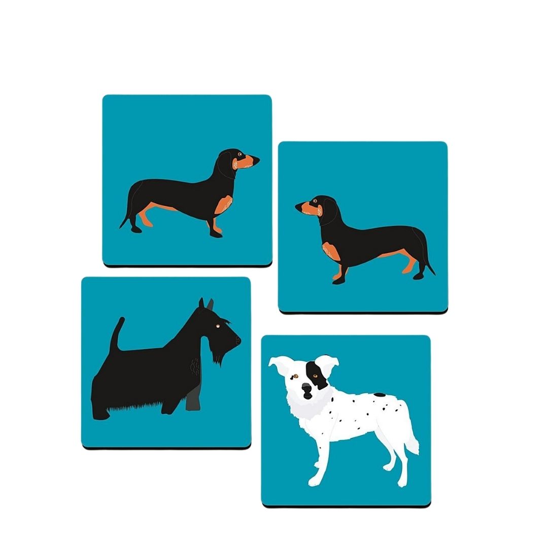 set of 4 blue dog illustrated cork backed coasters