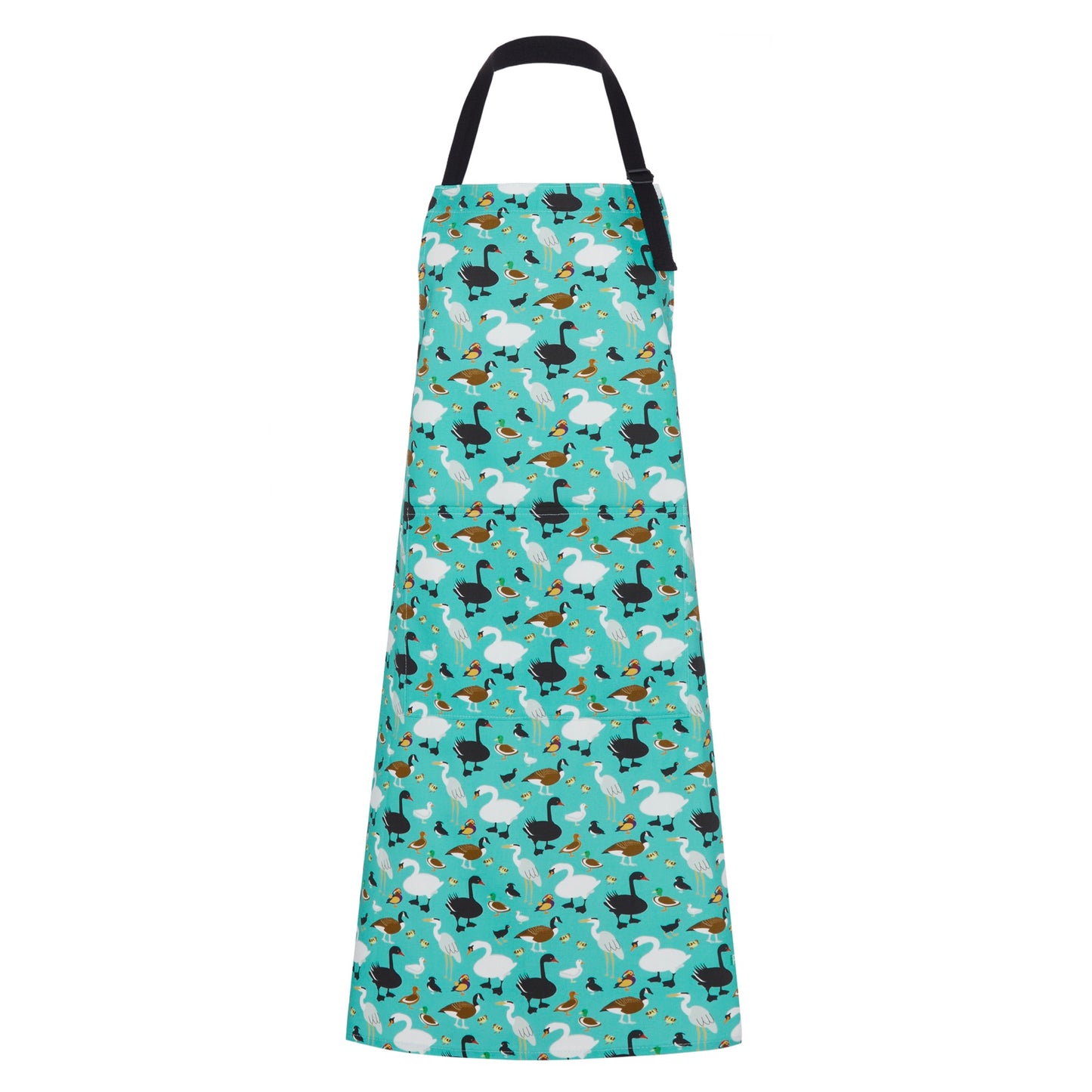 colourful ducks illustrations on organic cotton apron with pattern matched pocket and adjustable neck strap 