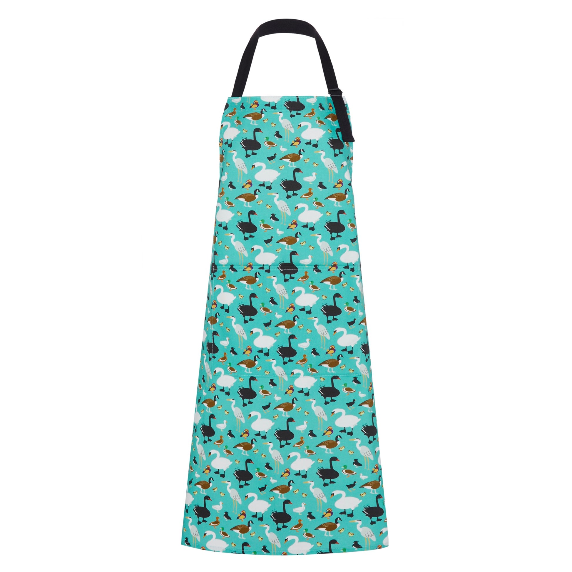 colourful ducks illustrations on organic cotton apron with pattern matched pocket and adjustable neck strap 