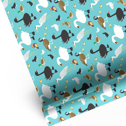 Teal duck and wildfowl bird print luxury gift wrap sheet shown rolled