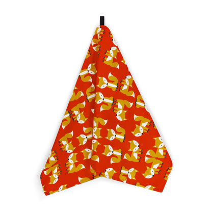 Red Fox Parade Tea Towel in organic Cotton from UmmPixies. Designed and made in the UK