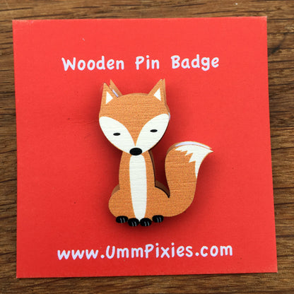 Fox wooden pin badge  - sitting fox