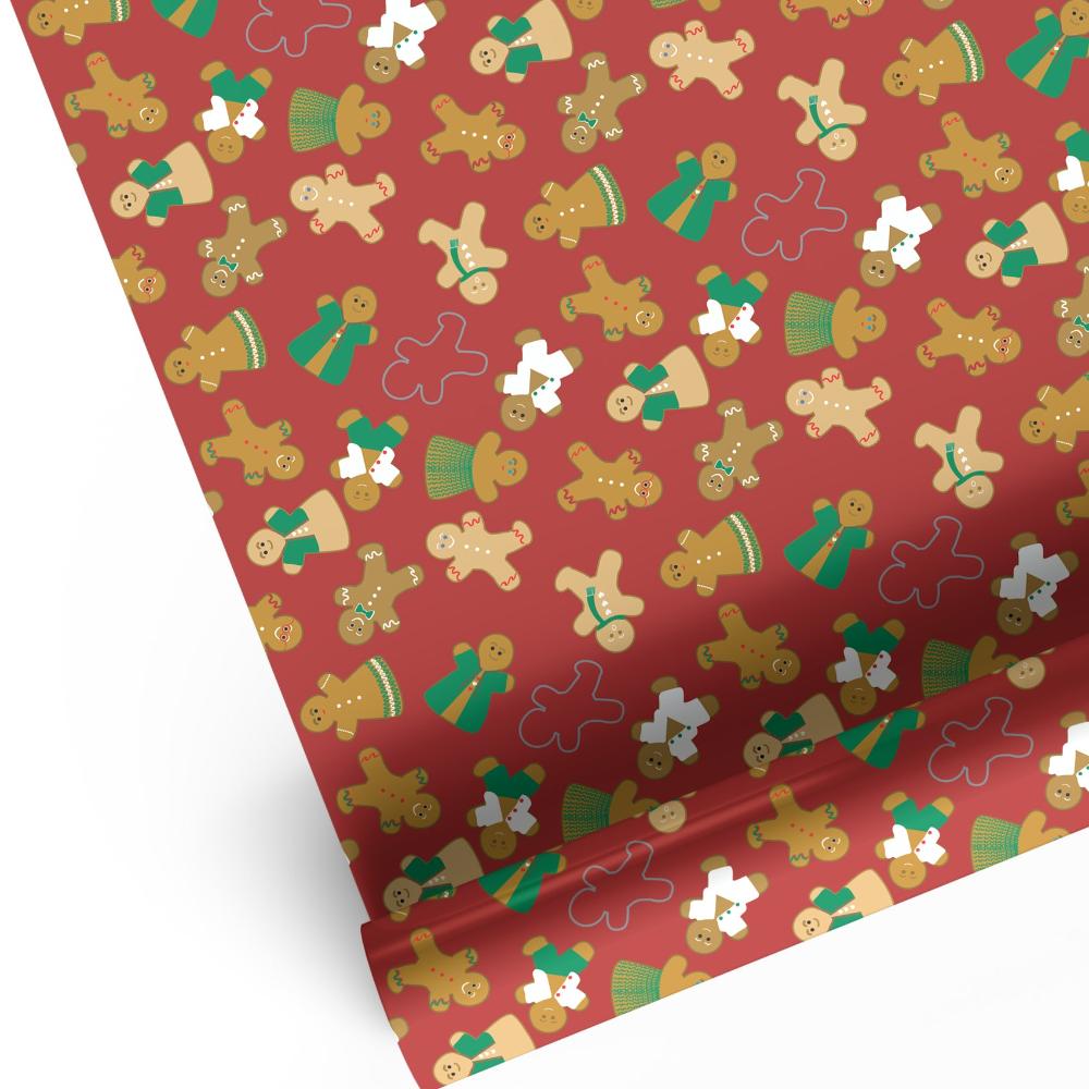 Deep red gingerbread folk biscuit  print luxury gift wrap sheet shown rolled