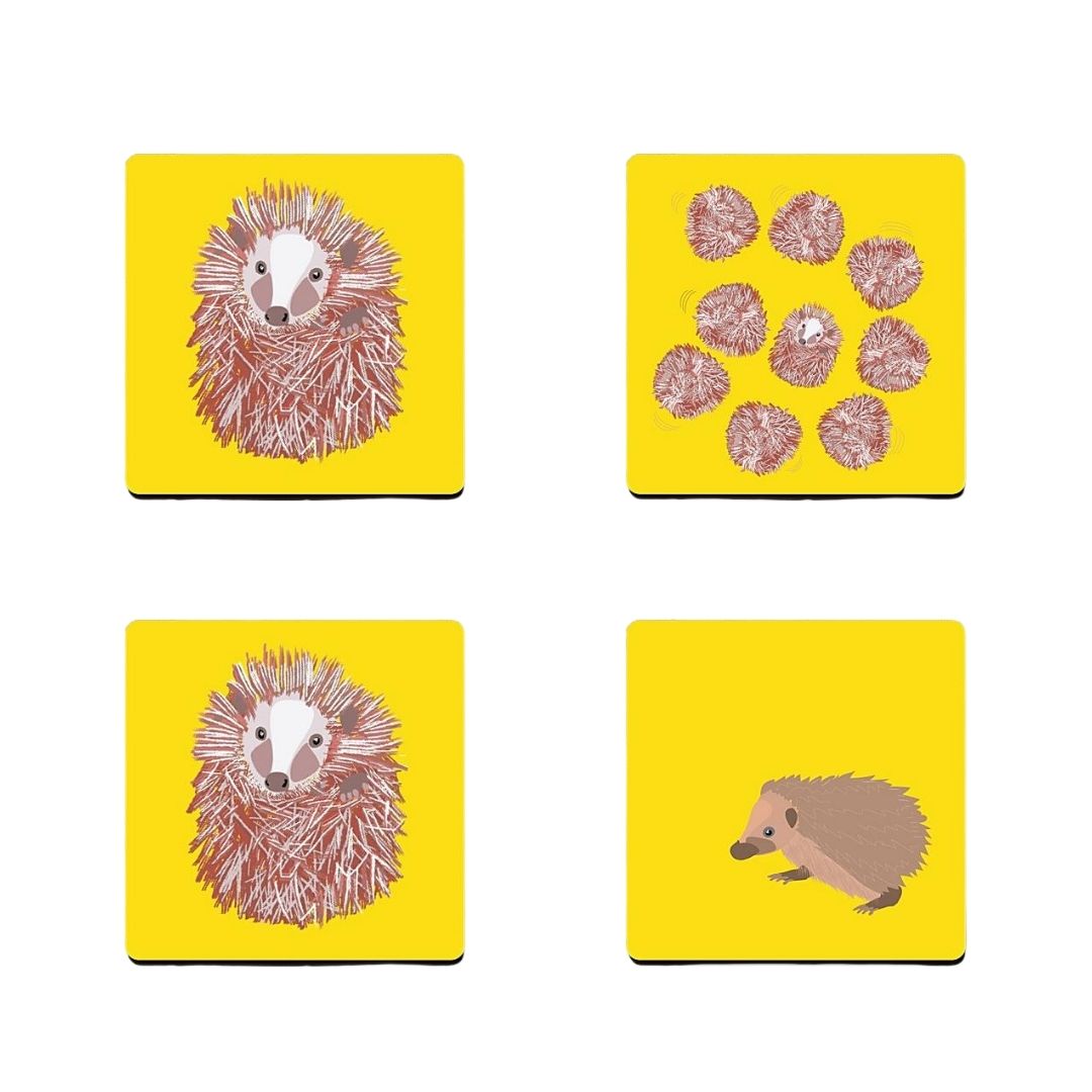 sunny yellow hedgehog coasters available in 4 eye catching designs 