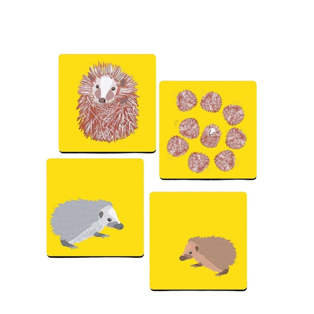 set of 4 cork backed yellow hedgehog design coasters