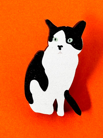 Cat Badge - tuxedo cat wooden pin badge