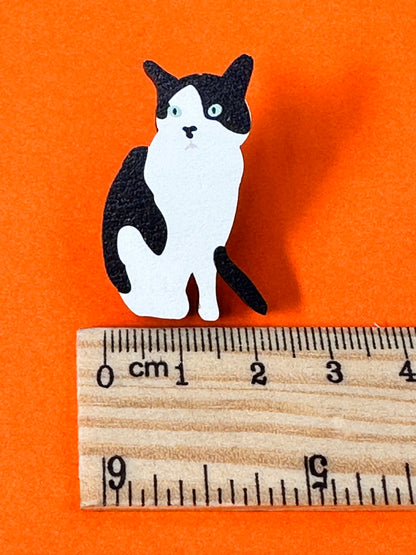 Cat Badge - tuxedo cat wooden pin badge