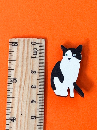 Cat Badge - tuxedo cat wooden pin badge