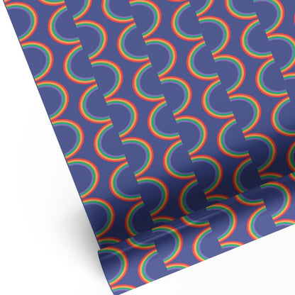 Vibrant rainbow stripe print luxury gift wrap sheet shown rolled