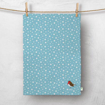 Blue Single Robin and Stars Organic Cotton Tea Towel