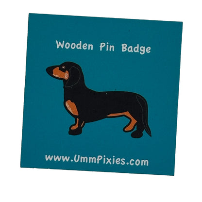 Black and Tan shorthair Dachshund  pin badge display card