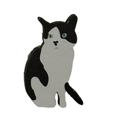 Cat Badge - tuxedo cat wooden pin badge