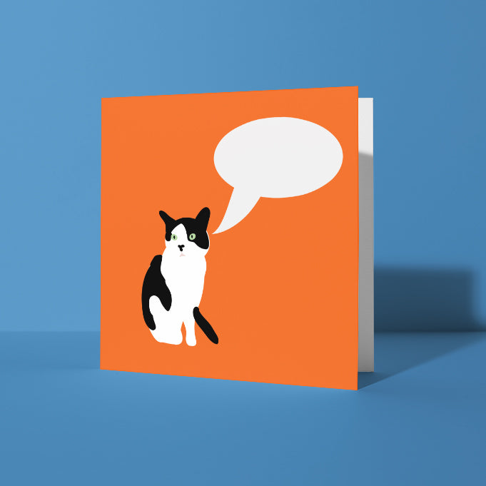 Black and white tuxedo Cat, orange, Customisable Greetings Card