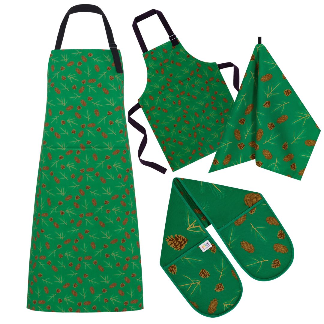 Bright green evergreen motif Cook's Set includes Adult & child size aprons, tea towel and oven gloves 