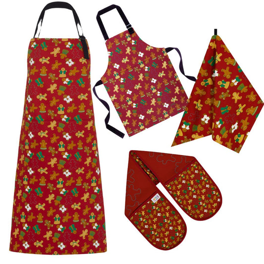 Gingerbread Folk Christmassy Cook's Set includes Adult & child size aprons, tea towel and oven gloves 