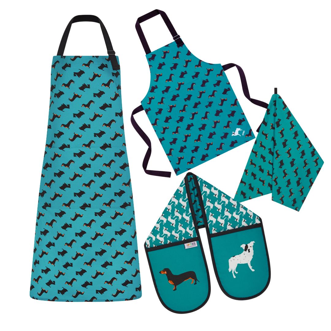 Dogs Dogtooth Cook's Set includes Adult & child size aprons, tea towel and oven gloves 