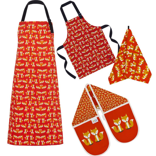 Foxes Red Cook's Set includes Adult & child size aprons, tea towel and oven gloves 