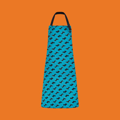 dogtooth design  petrol blue organic cotton apron featuring dachshund, Scottish terrier and black and white rescue dog