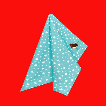 Sky blue tea towel with Robin and stars design