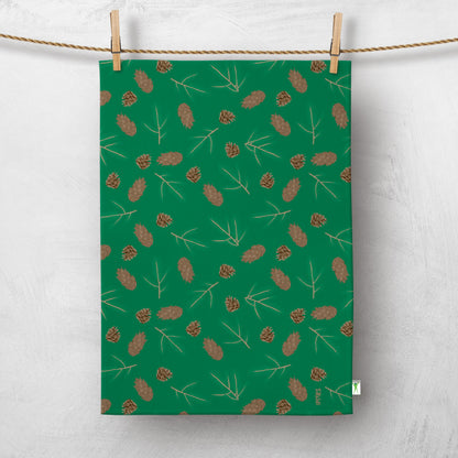 Green Organic Cotton Tea Towel with illustrated Douglas fir cones and spruce sprigs