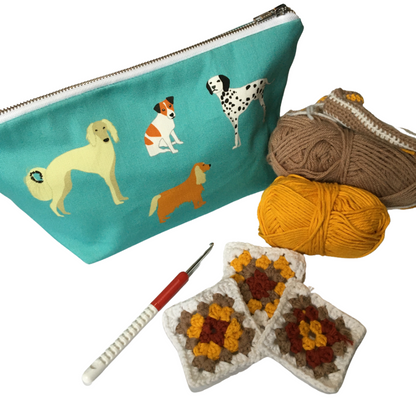 Dog design really useful bag shown with crochet craft project 