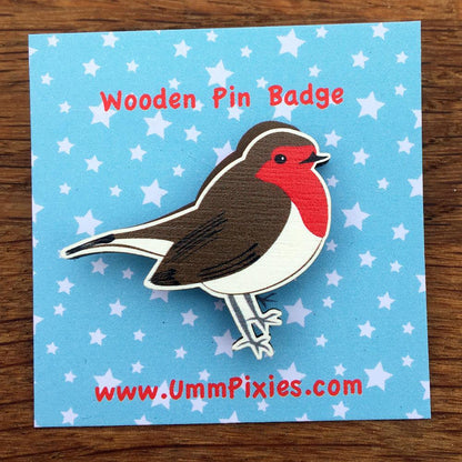 wooden robin pin badge